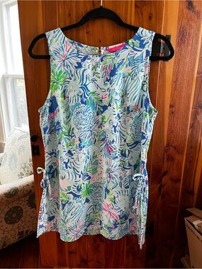 Sleeveless Tropical Floral Shift Dress Tunic - Blue, Green, Pink